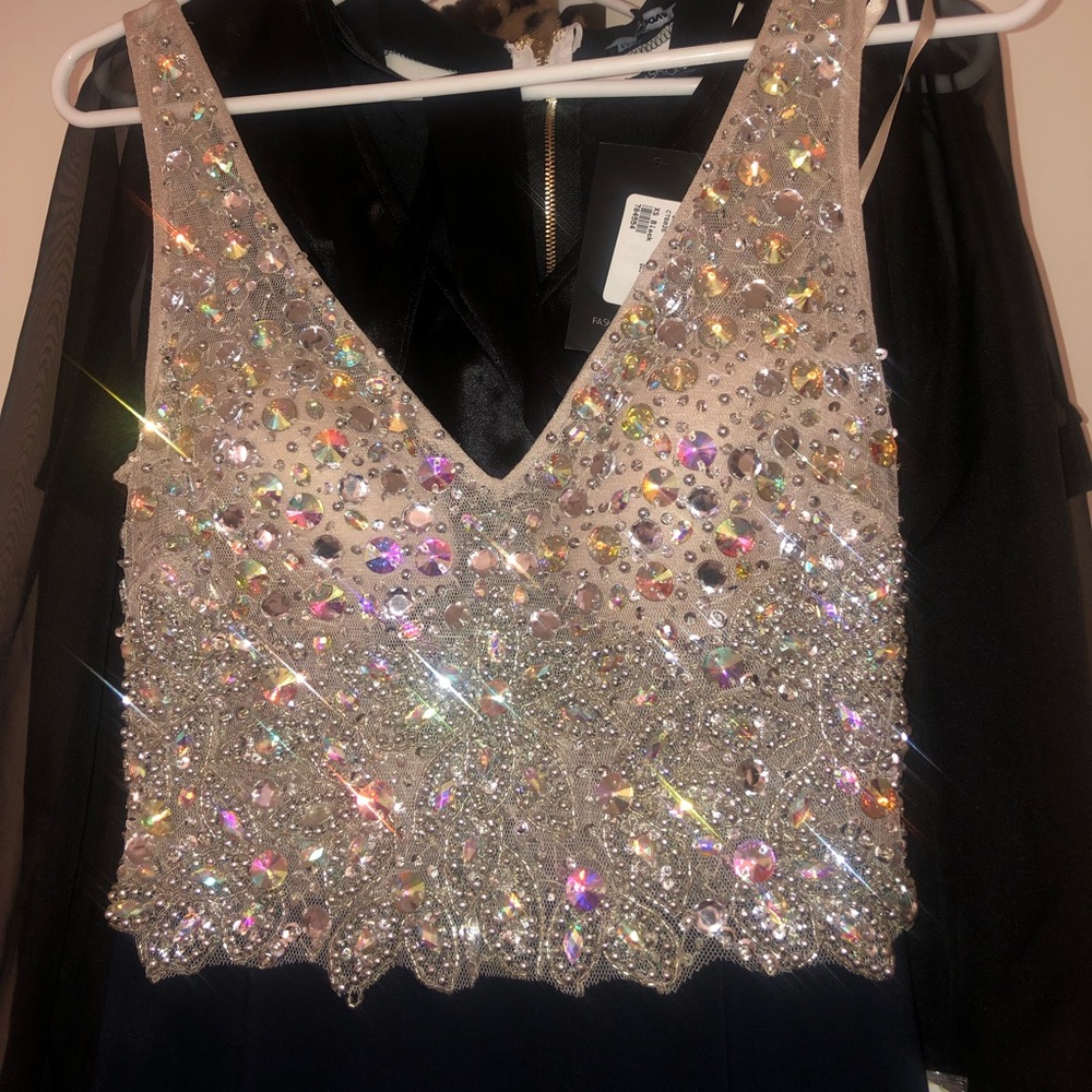 Blondie Nites Navy Beaded Mesh Dress NWT